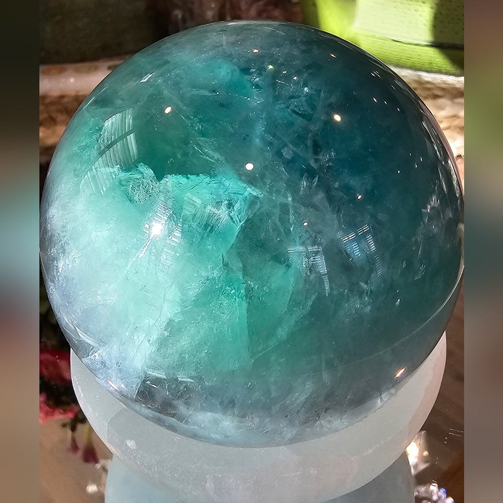 Fluorite Sphere With Huge Rainbows And Selenite Bowl! 3.0" Diameter